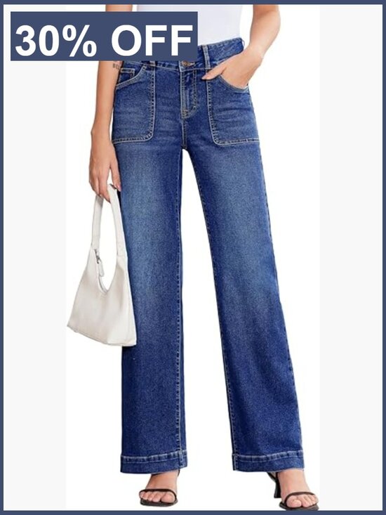 Denim - High Waisted Wide Leg Jeans Stretchy Tummy Control Straight Leg Denim Pants